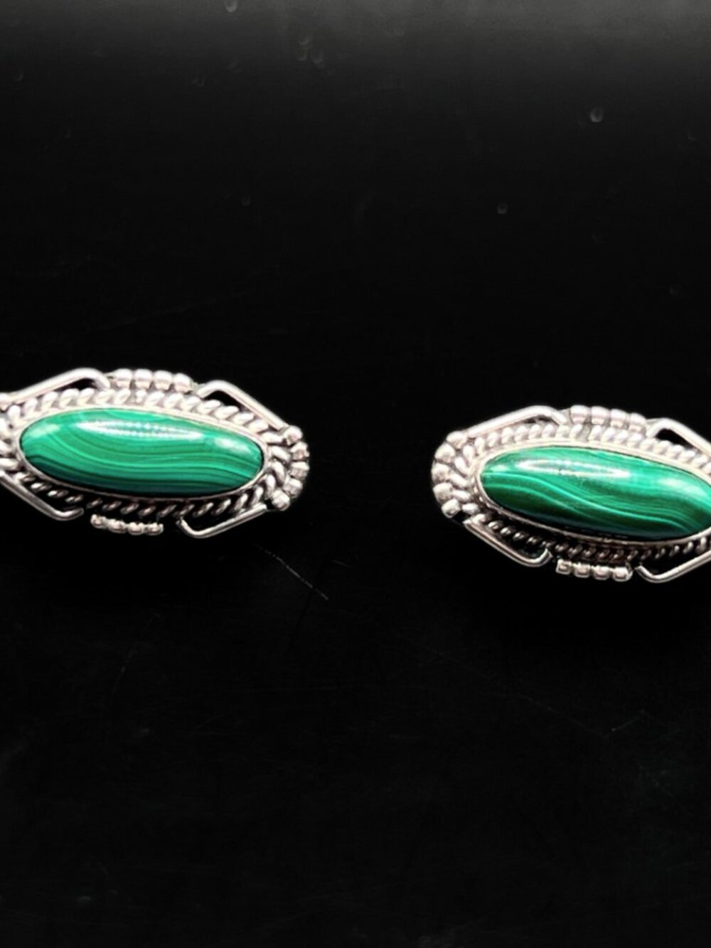 Vintage Native American Sterling Silver and Green Malachite Post Earrings - Picture 4 of 9